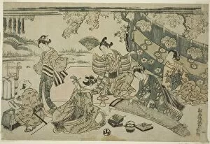 Shamisen Gallery: A picnic under cherry trees, c. 1755 / 64. Creator: Torii Kiyomitsu