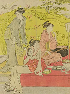 Oban Triptych Prints: Picnic Party at Hagidera, c. 1785/95. Creator: Katsukawa Shuncho