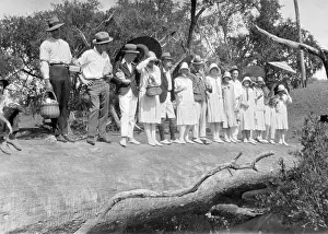 1925 Prints: Picnic party on a log over Cressbrook Creek, 1925. Creator: Jack Bain