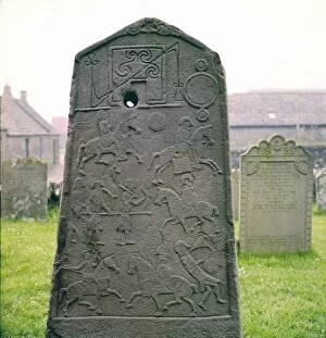 Angus Gallery: Pictish Carved Slab, showing symbols and Battle, c8th century