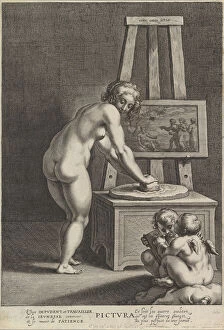 Pictura: allegory of painting, with a nude woman at center grinding pigments, two p