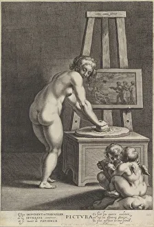 Pictura: allegory of painting, with a nude woman at center grinding pigments, two p