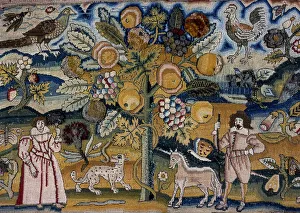 Leopard Prints: Picture Depicting Adam and Eve (Needlework), England, 17th century. Creator: Unknown