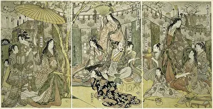 Oban Triptych Prints: Picture of Hideyoshi and his Five Wives Viewing Cherry Blossoms at Higashiyama