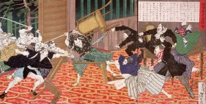 Civil Unrest Prints: A Picture of the News from Kagoshima: Attack at School, 1877. Creator: Tsukioka Yoshitoshi