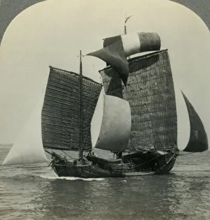 Junk Prints: Picturesque Chinese Junk under Full Sail on the Yellow Sea, Coast of Manchukuo in Distance