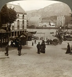 Picturesque old fortress (Bergenhus), from a square in modern town, Bergen, Norway, 1905 Picturesque old fortress (Bergenhus), from a square in modern town, Bergen, Norway, 1905