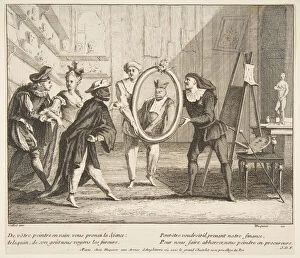 Claude Gillot Gallery: Pierrot and Scaramouche show the portrait of Harlequin.n.d