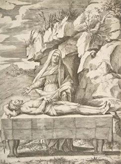 Sanzio Raphael Collection: Pieta, Christ stretched out on a table in a landscape, the Virgin standing behind arms