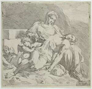 Biblical Character Collection: Pieta, the dead Christ supported by the Virgin, putti at the left, ca. 1633-46