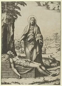 The Pietà: the Virgin standing over the dead Christ, her hands outspread, ca. 1515-17