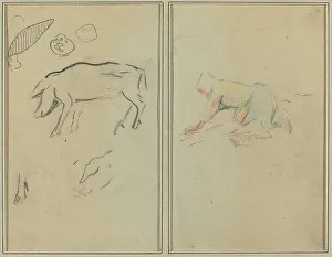Breton Prints: A Pig; Breton Peasant Kneeling [verso], 1884-1888. Creator: Paul Gauguin