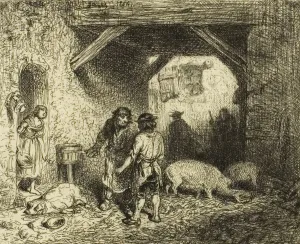 Etchingetching On Ivory Laid Paper Prints: The Pig Slaughterers, 1844. Creator: Charles Emile Jacque