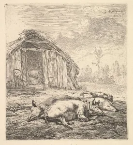 Three pigs lying on their sides, a pigsty and trough beyond, 1652 Three pigs lying on their sides, a pigsty and trough beyond, 1652