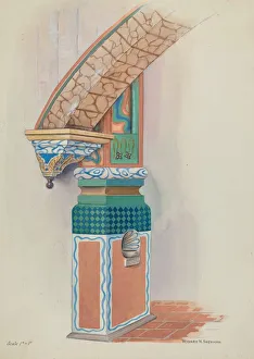 Natural Arch Prints: Pilaster with Holy Water-Font & Arch Below Choir Loft, c. 1936. Creator: Howard H