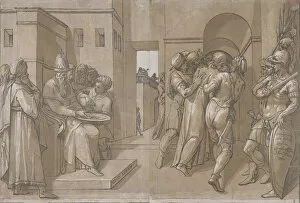 Andrea Andriano Gallery: Pilate at the left washing his hands (left side of sheet), 1585. Creator: Andrea Andreani