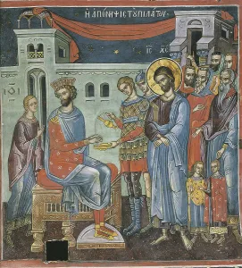 Christ Before Pilatus Collection: Pilate Washing His Hands, 16th century. Artist: Byzantine Master