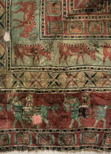 Woollen Prints: Pile Carpet (Detail: Fallow deers and horsemen), 5th-4th century BC