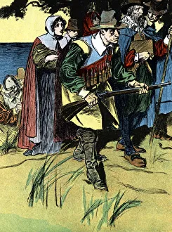 The Pilgrim fathers after arriving in America, 1620 (c1900)