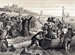 Zuid Holland Prints: The Pilgrim Fathers leaving Delft Haven on their voyage to America, July 1620 (1878)
