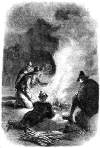 Protestantism Gallery: Pilgrim Fathers around a watch-fire, c1620 (c1880)