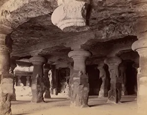 Maharashtra Prints: Pillars in the Monolithic Temple at Elephanta, Near Bombay, 1860s-70s. Creator: Unknown