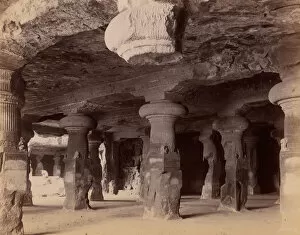 Pillars in the Monolithic Temple at Elephanta, Near Bombay, 1860s-70s. Creator: Unknown