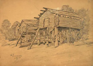 House On Stilts Prints: The pilot's storage sheds, 1928. Creator: Dmitrii Innokent'evich Karatanov