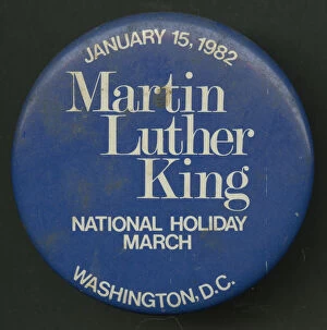 Pinback button promoting Martin Luther King Day, 1982. Creator: Unknown