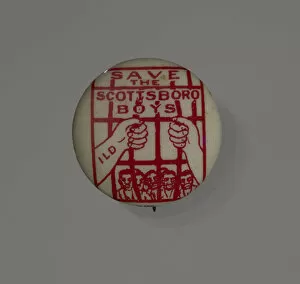 Activism Collection: Pinback button supporting the Scottsboro Boys, 1931. Creator: Eagle Regalia Company