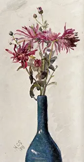 Chrysanthemum Prints: Pink flowers, possibly chrysanthemums, arranged in a bottle, 1898. Creator: Marie Stopes