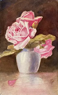 Cut Flower Prints: Pink roses in a vase, c19th century. Creator: Unknown