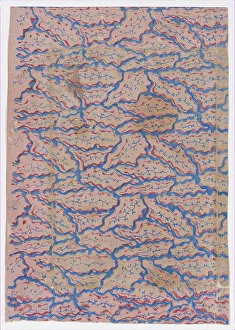 Relief Print Prints: Pink sheet with overall blue abstract pattern, 19th century. Creator: Anon