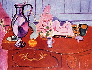 Henri Mile Benot Prints: Pink Statuette and Jug on a Red Chest of Drawers