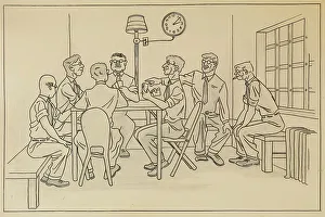 Line Drawing Prints: Pinochle: Guards at the Walters Art Gallery, 1953. Creator: Walter Chatelaine