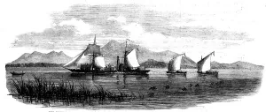 Livingstone David Prints: The Pioneer with boats in tow laden with parts of the steamer for Dr