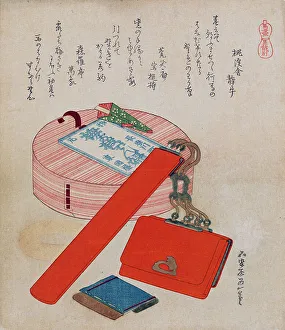 Case Prints: Pipe case with tobacco pouch and a box, 1822. Creator: Hokusai