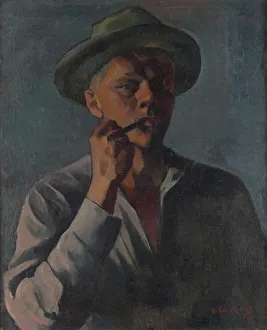 Lindforss Anton Prints: A pipe smoker, self-portrait, 1927. Creator: Anton Lindforss