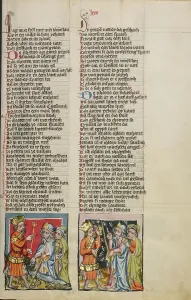 Demonstrating Prints: The Plague of Frogs: The Plague of Maggots; Weltchronik, about 1400-1410. Creator: Unknown
