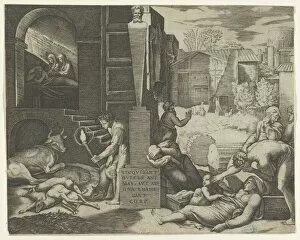 Sick Gallery: A plague scene at right, a man at left holding a torch illuminating part of the sce... ca. 1515-16