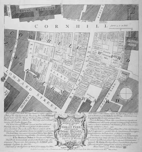 Jeffreys Prints: Plan of buildings destroyed in Cornhill by fire which began in Exchange Alley March 25th