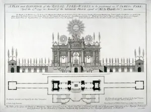 Plan and elevation of the royal fireworks to be performed in St Jamess Park, London, 1749