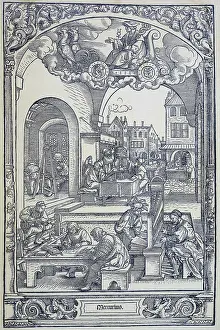 Chisel Prints: The planet Mercury and artists, scholars and technicians, c1535. Creator: Sebald Beham