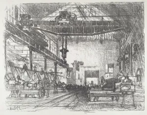 Munitions Industry Gallery: Planing Big Shells, 1916. Creator: Joseph Pennell