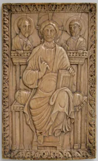 Guidance Prints: Plaque with Christ enthroned with two Apostles, Carolingian, 850-875. Creator: Unknown