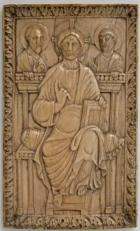 Carlovingian Gallery: Plaque with Christ enthroned with two Apostles, Carolingian, 850-875. Creator: Unknown