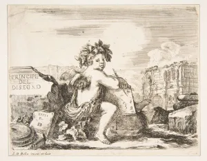 Plate 1: the genius of drawing, a child with wings, seated on a rock in center turn Plate 1: the genius of drawing, a child with wings, seated on a rock in center turn