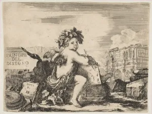 Plate 1: the genius of drawing, a child with wings, seated on a rock in center turn