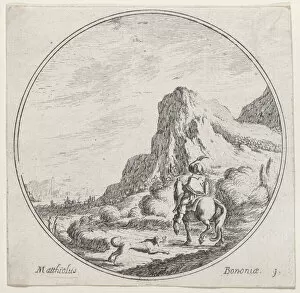 Plate 1: a horseman riding towards the left, followed by a dog, in a rocky landscape,..., 1680-1747