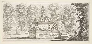 Draughtsman Gallery: Plate 1: a monument with statues and a coat of arms in the center, a draughstman on th